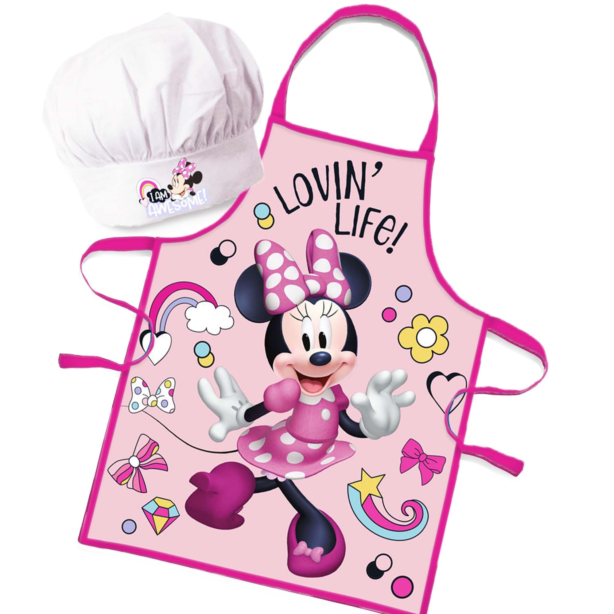 Sorrisini Delantal Infantil y Gorro de Cocinero Ajustable para Niños Cocina Minnie Mouse, Mandil Niña, Delantal y Sombrero para Cocinar, Hornear, Pintar, 3-8 Años Fantasy