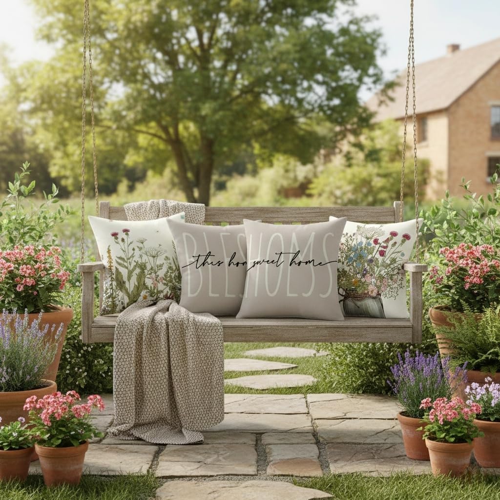 Copricuscini 40x40 Set di 4 decorativi cuscini per divano floreali e botanici Cuscini primavera-estate per divano camera da letto Cuscino da esterno Grigio