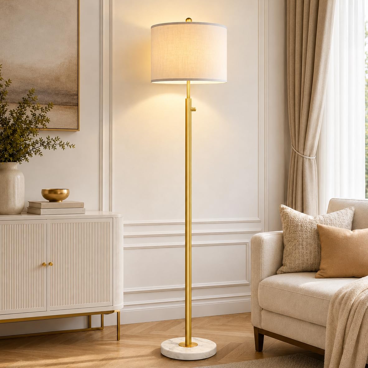 Photo 1 of ?Upgraded?Dimmable Gold Floor Lamps for Living Room, 11W LED Bulb Included, Modern Standing Lamp with Marble Base, Tall Pole Light with White Linen Shade for Bedroom Reading Office Corner Nursery