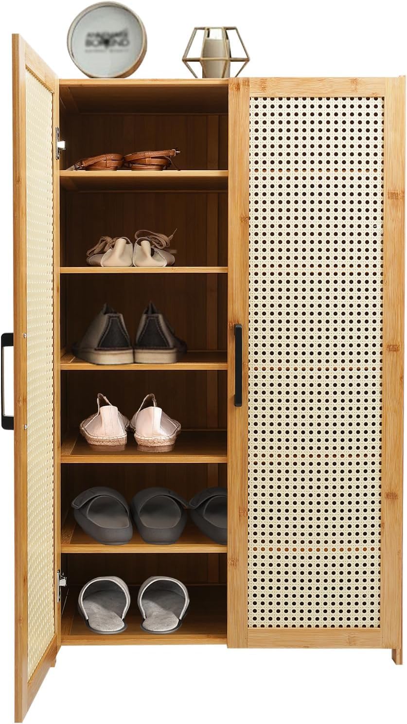 Scarpiera in bambù, 6 scomparti, molto resistente, con porte, per corridoio, soggiorno, camera da letto, ventilata, regolabile, 60 x 33 x 100 cm