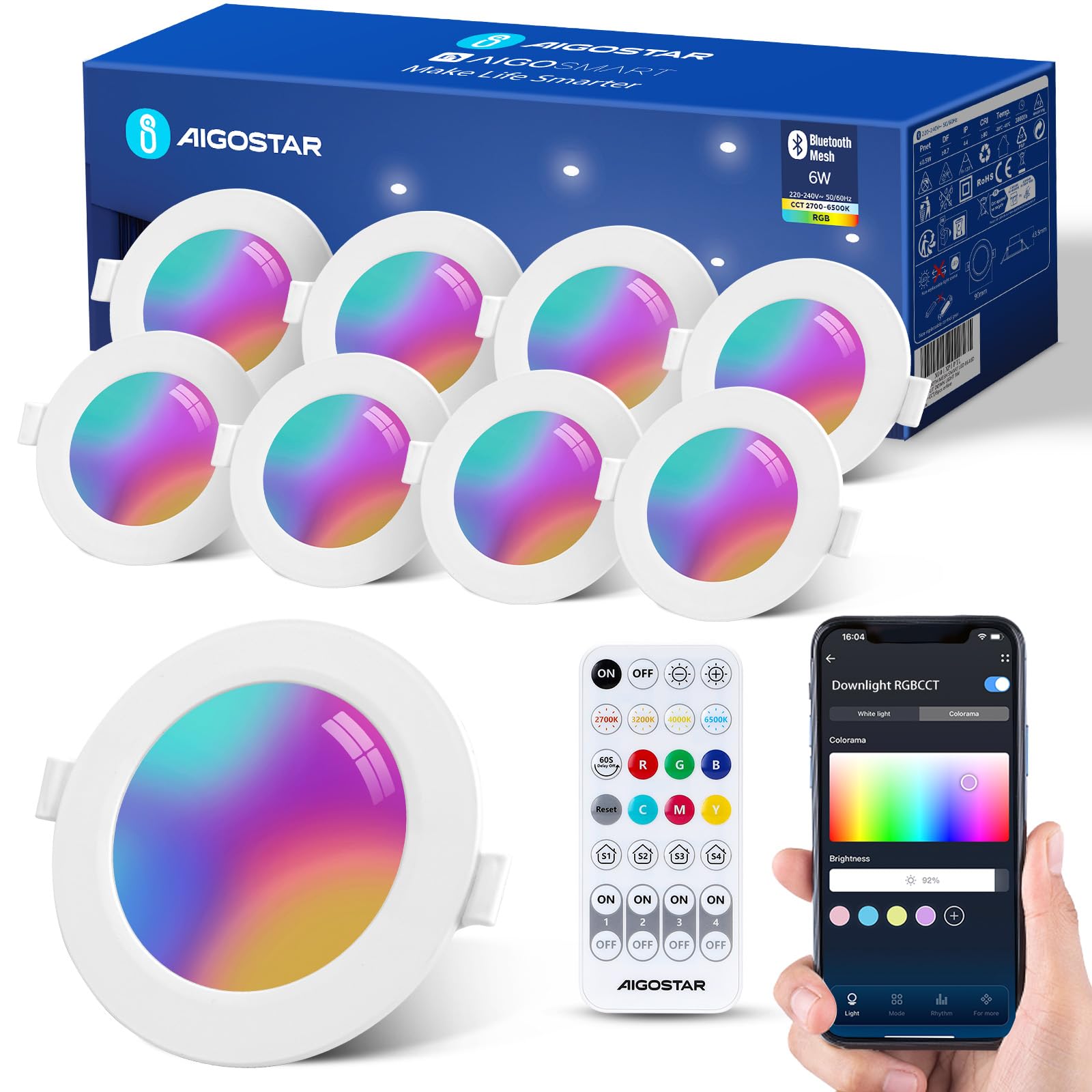Aigostar Einbaustrahler Intelligente LED Downlight mit Fernbedienung, 6W Einbauleuchte Bluethooth Mesh, Farbe Einstellbar und Weißes Licht 2700K-6000K, Kompatibel mit Alexa, Ф100-110mm, 8 Stück