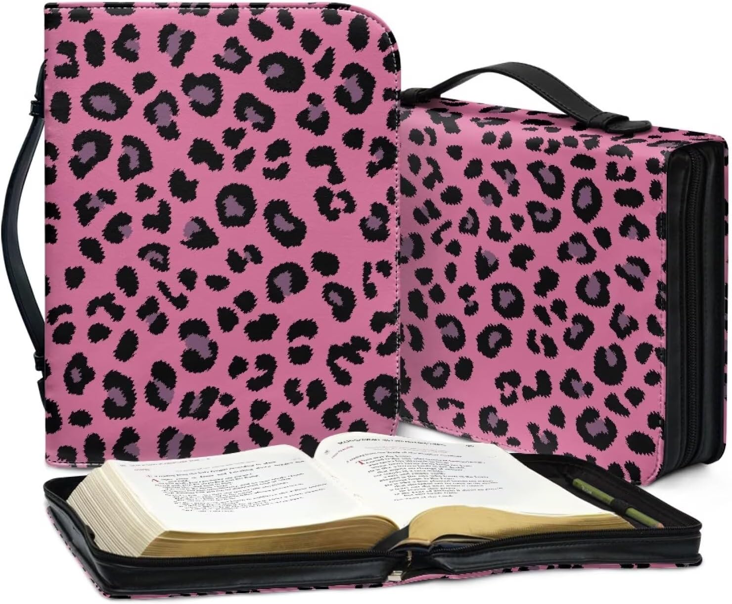 Bible Cover Case with Handle Zipper Black Pink Leopard Bible Cover with Multi Pockets for Women Pu Leather Church Study Book Carrying Case