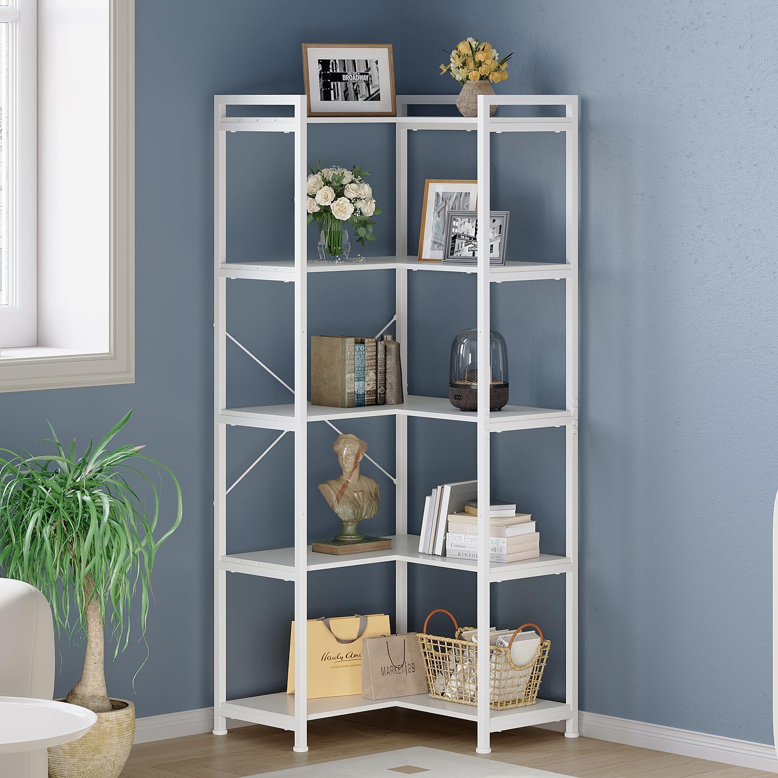 Shintenchi Libreria Angolare A 5 Ripiani - 180x97x90 Cm, Struttura In Metallo, Capacità 54 Kg Per Ripiano, Grigio