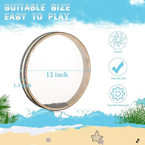 Miniatura 2 de Boao Tambor de mar de 12 pulgadas con cuentas onduladas de mano de color natural onda de sonido con carcasa de madera dura, instrumento musical de