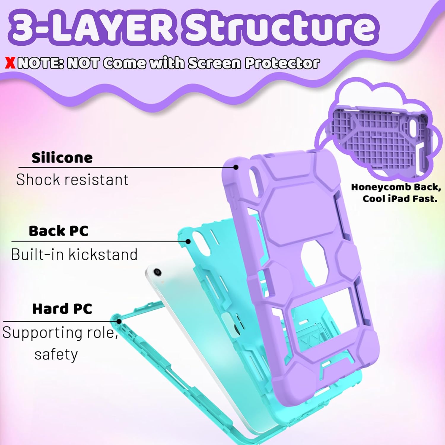 CCMAO Case for iPad A16 11th Generation (2025) 11 Inch / 10th Generation (2022) 10.9 Inch, with Kickstand and Pencil Holder, Fully-Body Rugged Heavy Duty Shockproof Protective Case, Purple+Green - Image 5