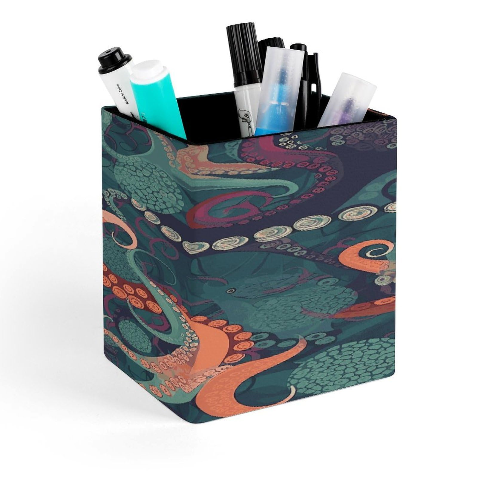 FekiLoot Abstract Octopus Pencil Holder for Desk Square Leather Pen Holder Cup Desktop Organizer Multi-Functional Pencil Cup Holders Modern Decorative Desk Organizer Caddy Makeup Brush Holders