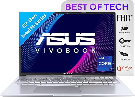 ASUS Vivobook 16 (2023), Intel Core i9-13900H, 13th Gen, 16GB RAM, 512GB SSD, FHD+, 16″/40.64cm, Windows 11, MSOffice 2021, Silver, 1.88KG,…