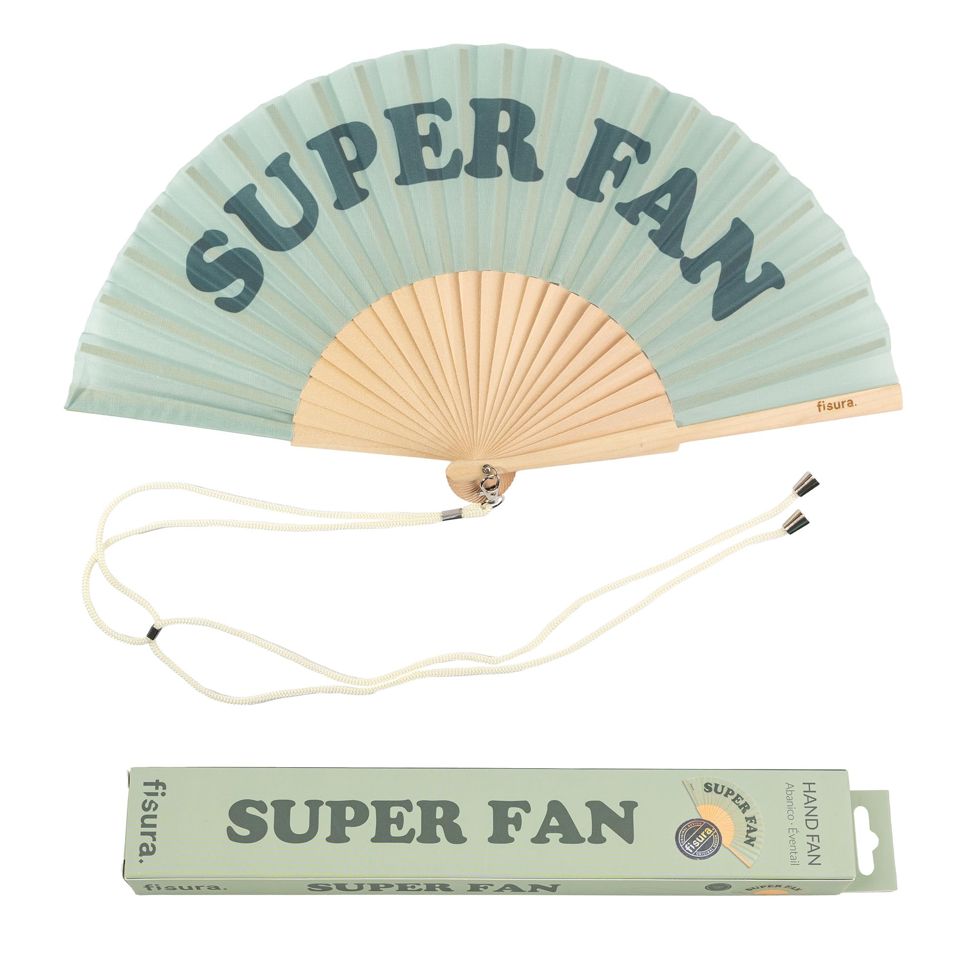 Fisura Fan, Green – Original Orange Handheld Folding Fan With “Super Fan” Message. Colorful Wooden Fan, Perfect For Gifts, Wedding Party Decoration. Hanger Included.