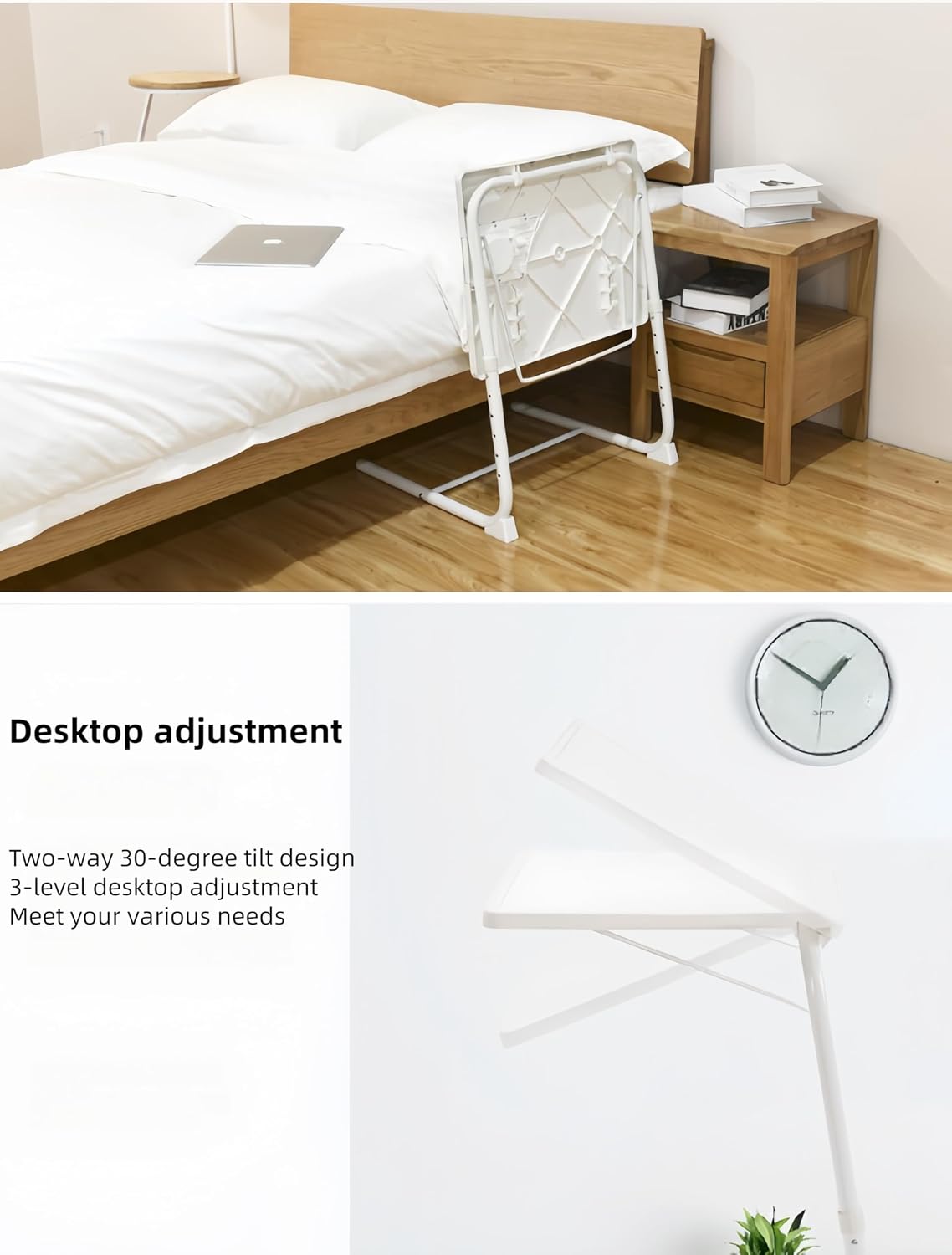 Folding Bedside Table with Adjustable Height, Multipurpose TV Tray for Living Room, Includes Cup Holder, Black
