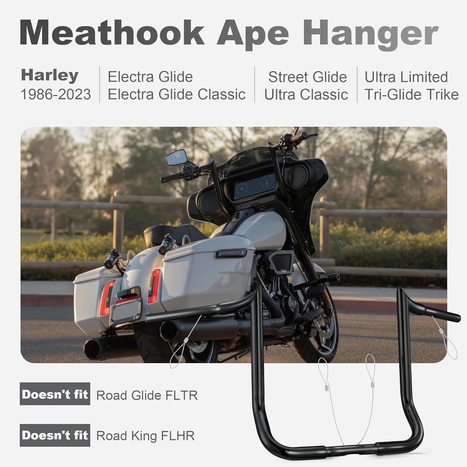 MoKitDora Street Electra Glide Ape Hanger 12" Rise 1-1/4" Fat 1" Clamp Monkey Bagger Meathook Bars for 1986-2023 Harley FLHT & FLHX Ultra Limited Tri-Glide, Black