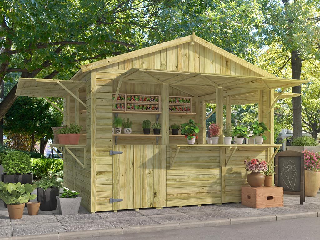 Marktstand | Verkaufsstand Holz | imprägniert | 300x240x252 cm | 7,2m² | mit Boden | 3 Verkaufsfenster | Wandstärke 16mm | Dach 16mm | Kiefer | Markt | Weihnachtsmarkt | Wochenmarkt | Festival