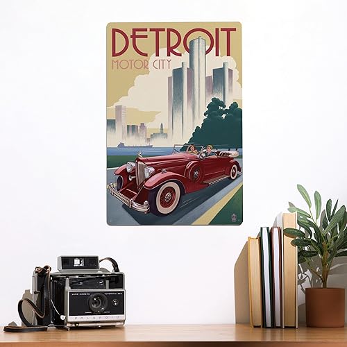 Miniatura 2 de Lantern Press Letrero de metal de 12 x 18 pulgadas, Detroit, Michigan, coche vintage y horizonte