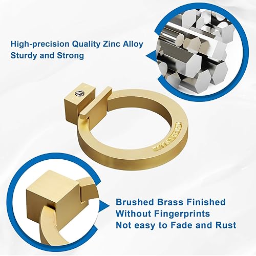 Miniatura 3 de WEAVERBIRD Paquete de 6 tiradores de anillo de gabinete de oro cepillado, aleación de zinc, tiradores de cajones de muebles, anillos de gabinete de