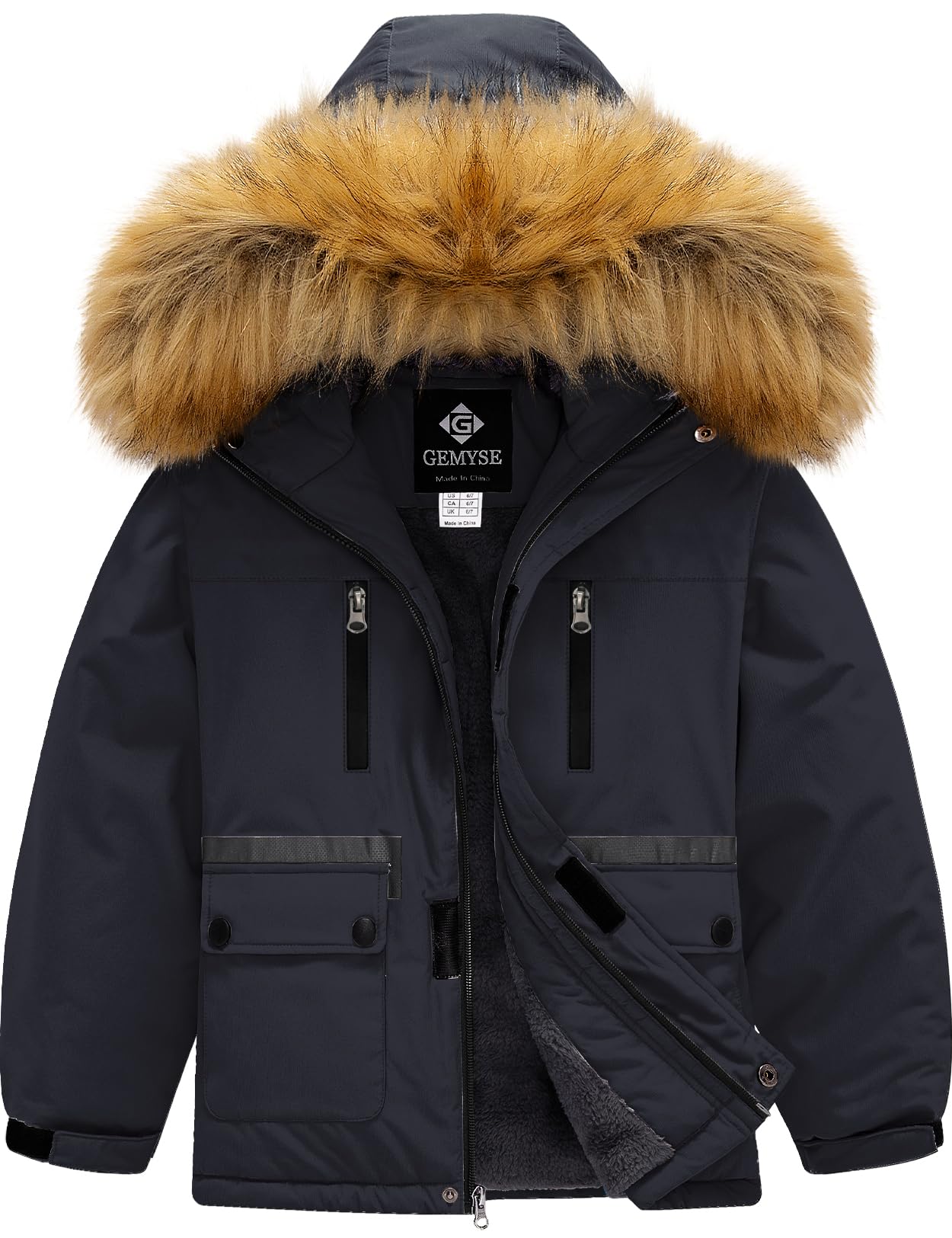 GEMYSE Chaqueta de Esquí para Niño con Capucha de Piel Desmontable Abrigo Impermeablede de Nieve Invierno Cazadora Antiviento