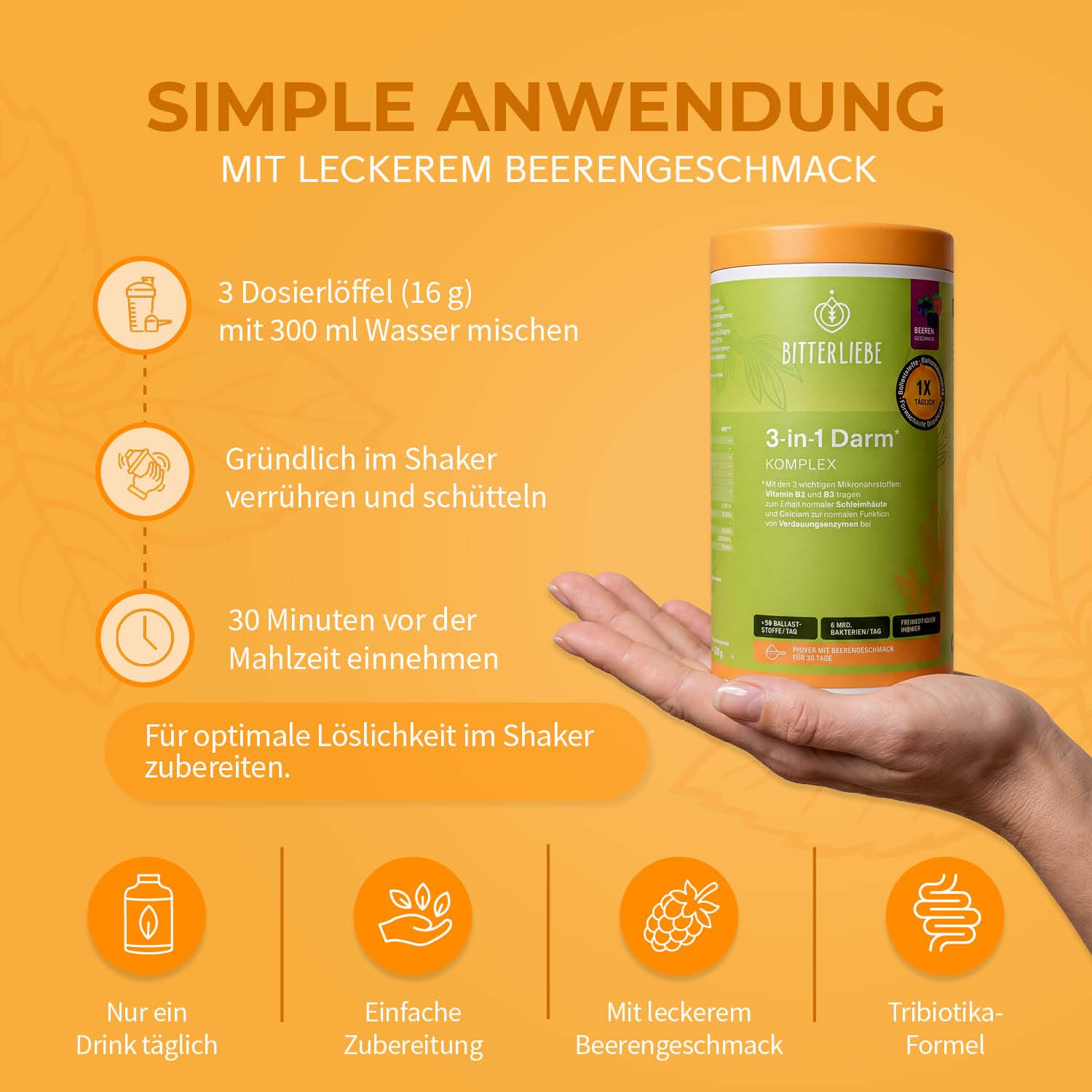 BitterLiebe - 3in1 Darm Komplex - Darmkur Pulver mit 9g Ballaststoffe & 6 Mrd. Darmbakterien - Darmflora aufbauen *, Darmgesundheit * - L Glutamin, Akazienfaser, Inulin und Verdauungsenzyme