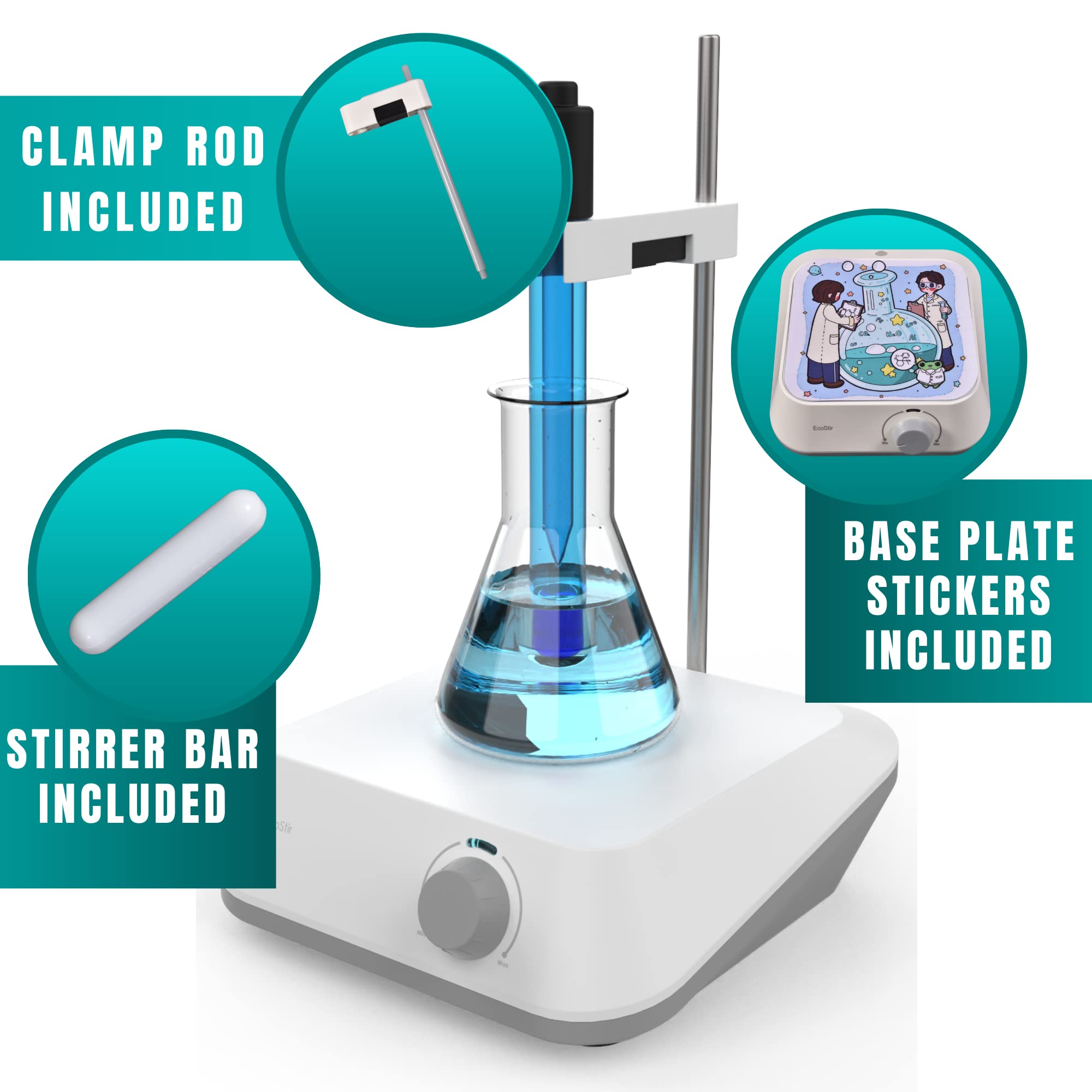 Labsales EcoStir Agitateur magnétique professionnel de laboratoire et scientifique avec barre d'agitation, 4 plaques autocollantes, pour éthanol, alcool, infusion ou tout liquide 1,5 L 2000 tr/min