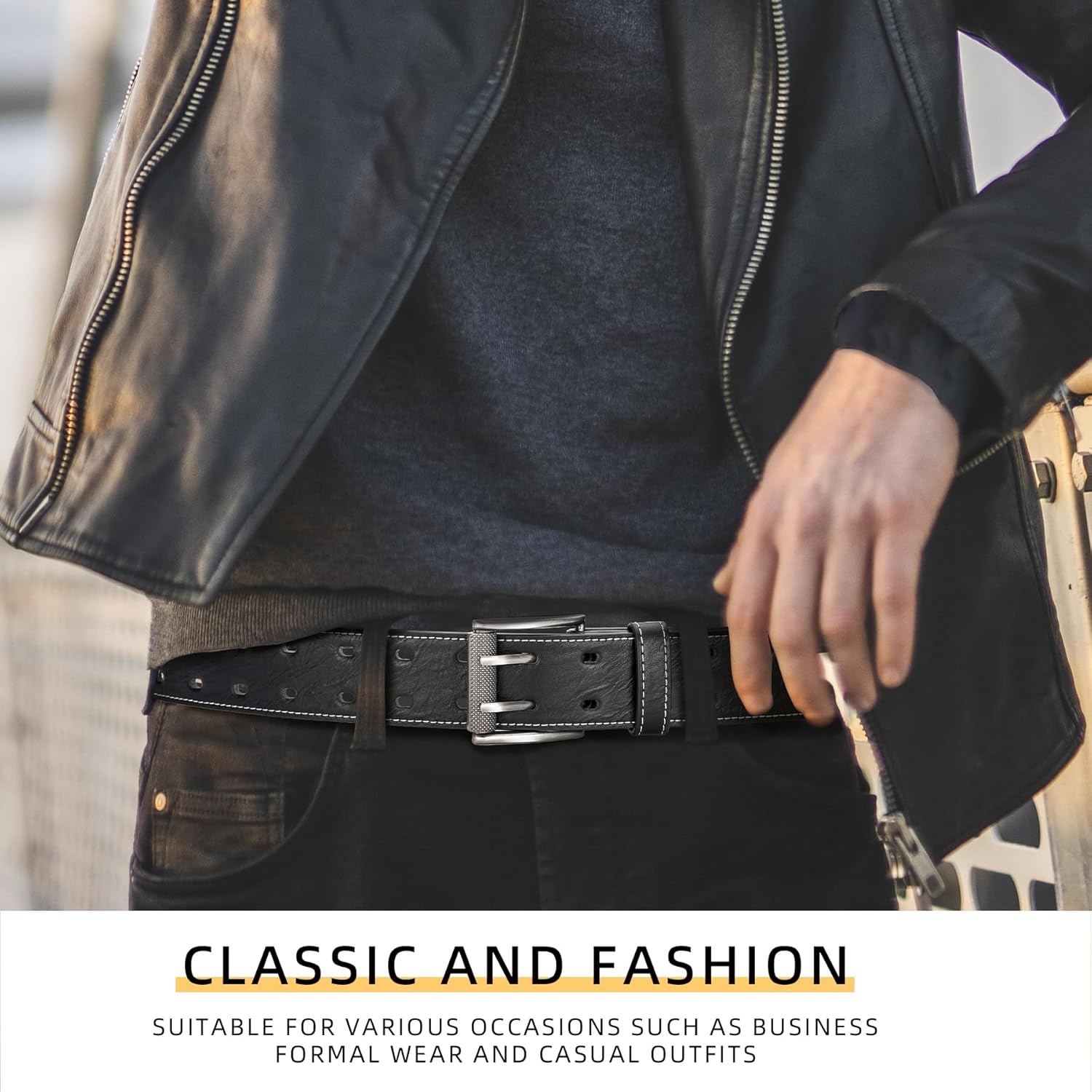 Men Classic Double Prong Belt Fashion Casual Heavy Duty Work Faux Leather Belts For Jeans Pants - Image 5