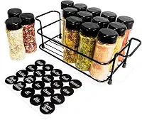 Suporte Cesto Ferro com Alça + 15 Potes Tempero 130ml de Plástico para Condimentos Especiarias Temperos com Tampa Dosadora Dupla + Adesivos