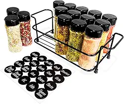 Suporte Cesto Ferro com Alça + 15 Potes Tempero 130ml de Plástico para Condimentos Especiarias Temperos com Tampa Dosadora Dupla + Adesivos