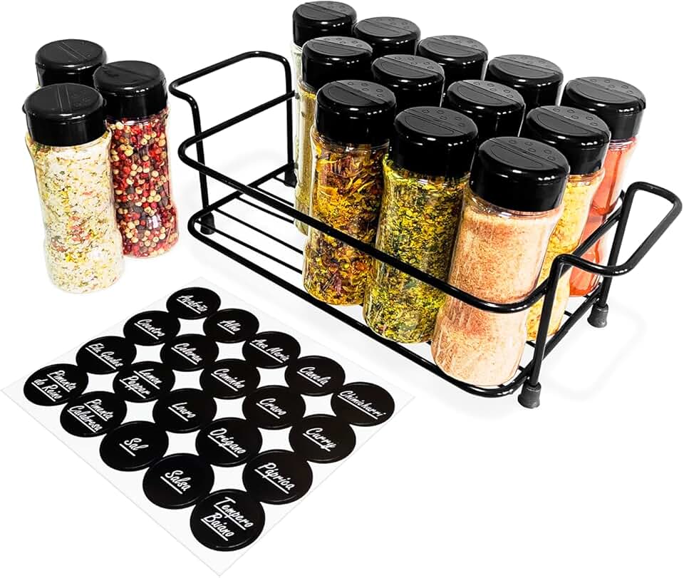 Suporte Cesto Ferro com Alça + 15 Potes Tempero 130ml de Plástico para Condimentos Especiarias Temperos com Tampa Dosadora Dupla + Adesivos