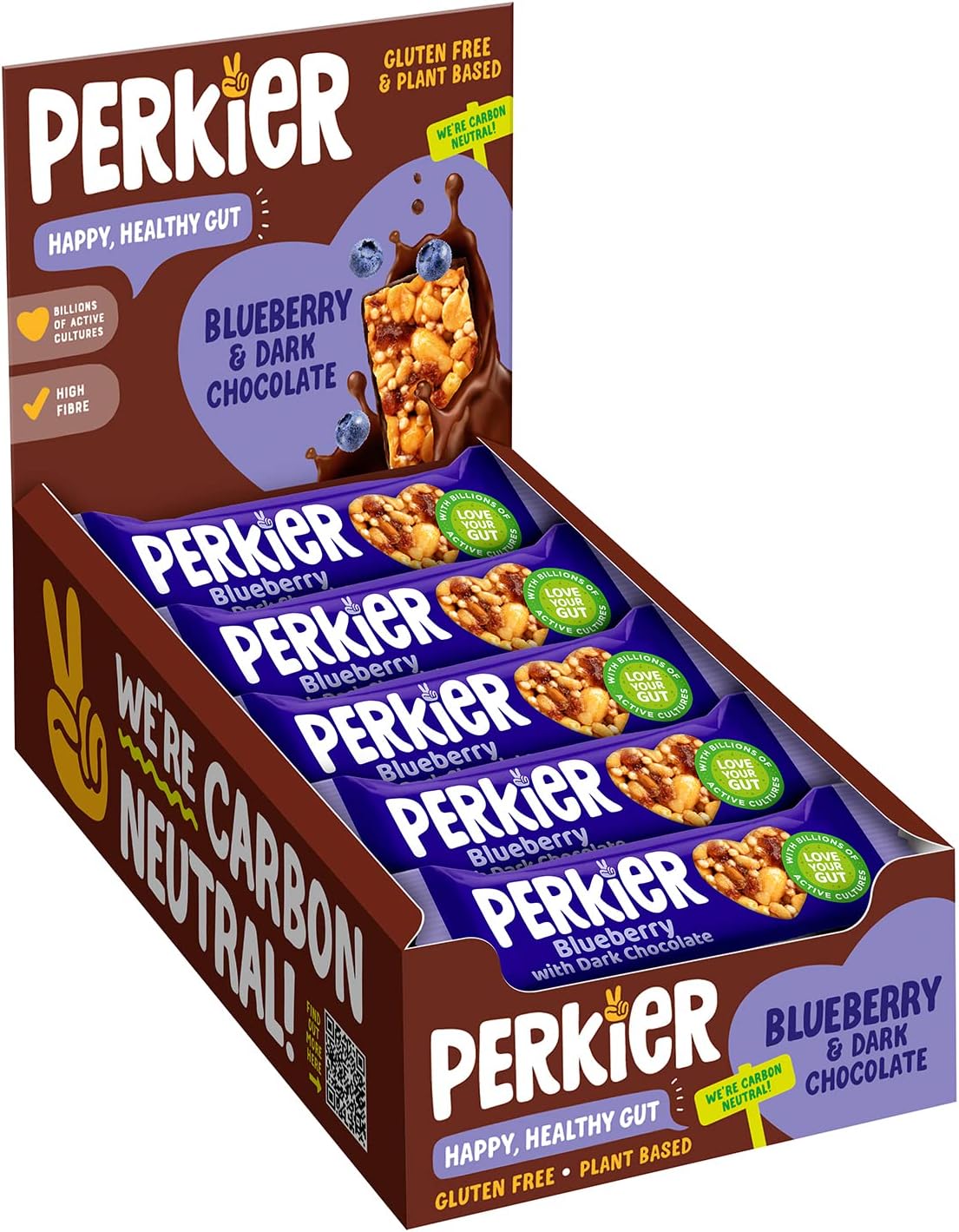 Perkier Bars, Blueberry & Dark Chocolate (15 Bars) - Healthy, Plant-Based and Gluten Free Low Calorie Snack Bars