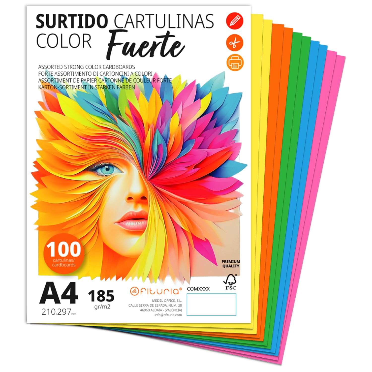 Ofituria A4 Coloured Card - 185gsm - Strong Assortment of 100 Cards for Crafts, Education, Home, Art