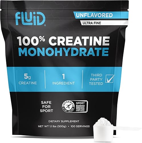 Fluid Creatina - Certificado Informed Sport  Polvo de Monohidrato de Creatina Micronizada Ultra-Fin 100%  Sin Sabor  Porción de 5g  Paquete de 100