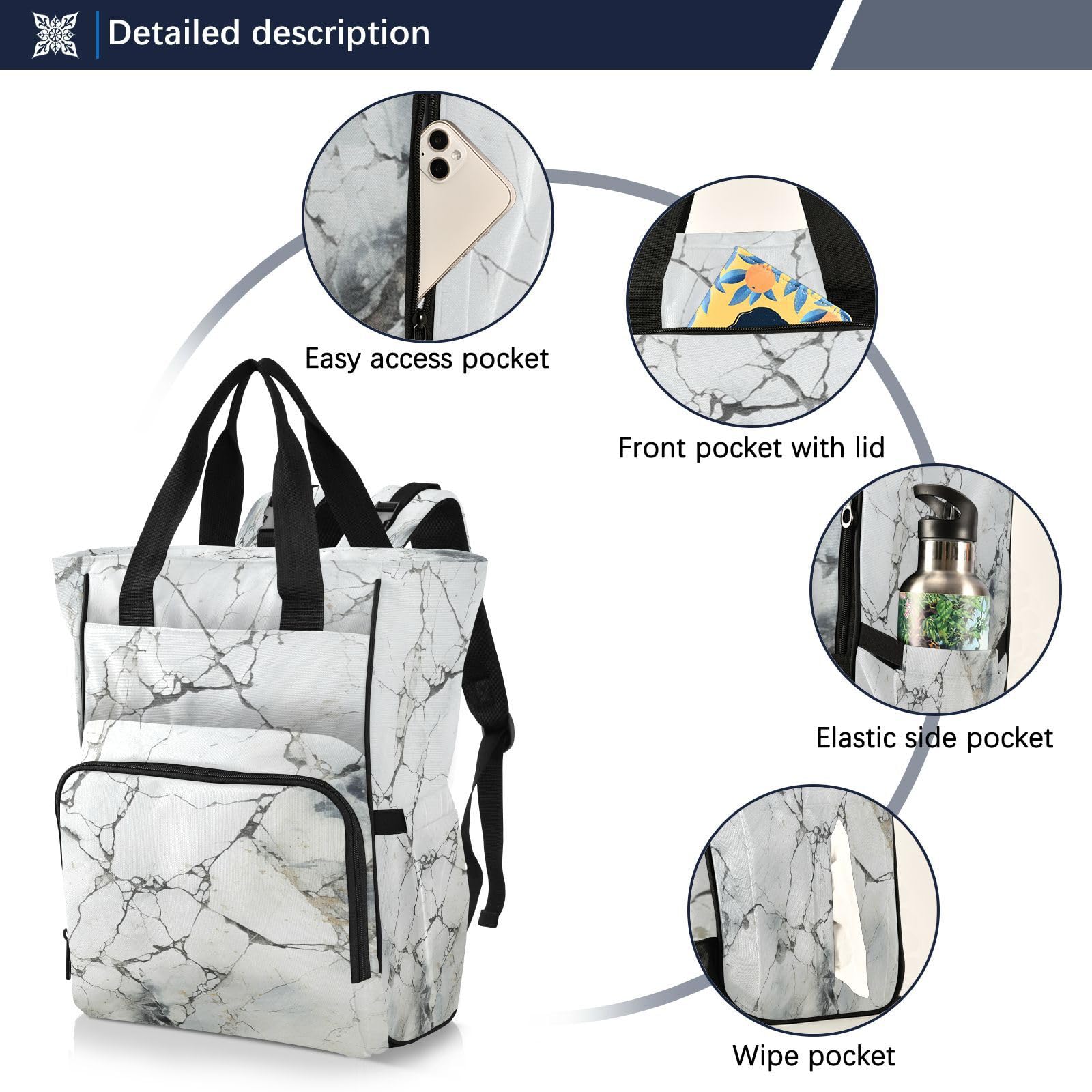 Arte De Mármol Blanco Negro Bolsa de Pañales, Mochila de Viaje, Gran Capacidad, Bolsas para Mamá Papá Mujeres Niñas