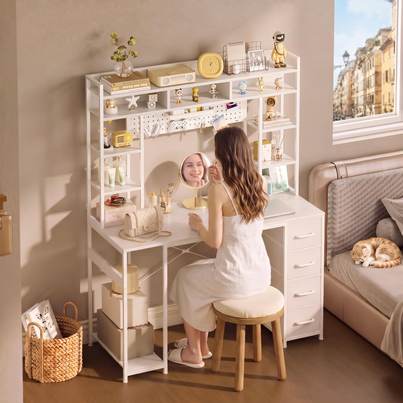 Coleshome Biurko z Panelem Perforowanym i Półką, 120 x 50 cm, Biurko Komputerowe z 4 Szufladami z Tkaniny, do Pokoju, Pracy Zdalnej, Nauki i Gier