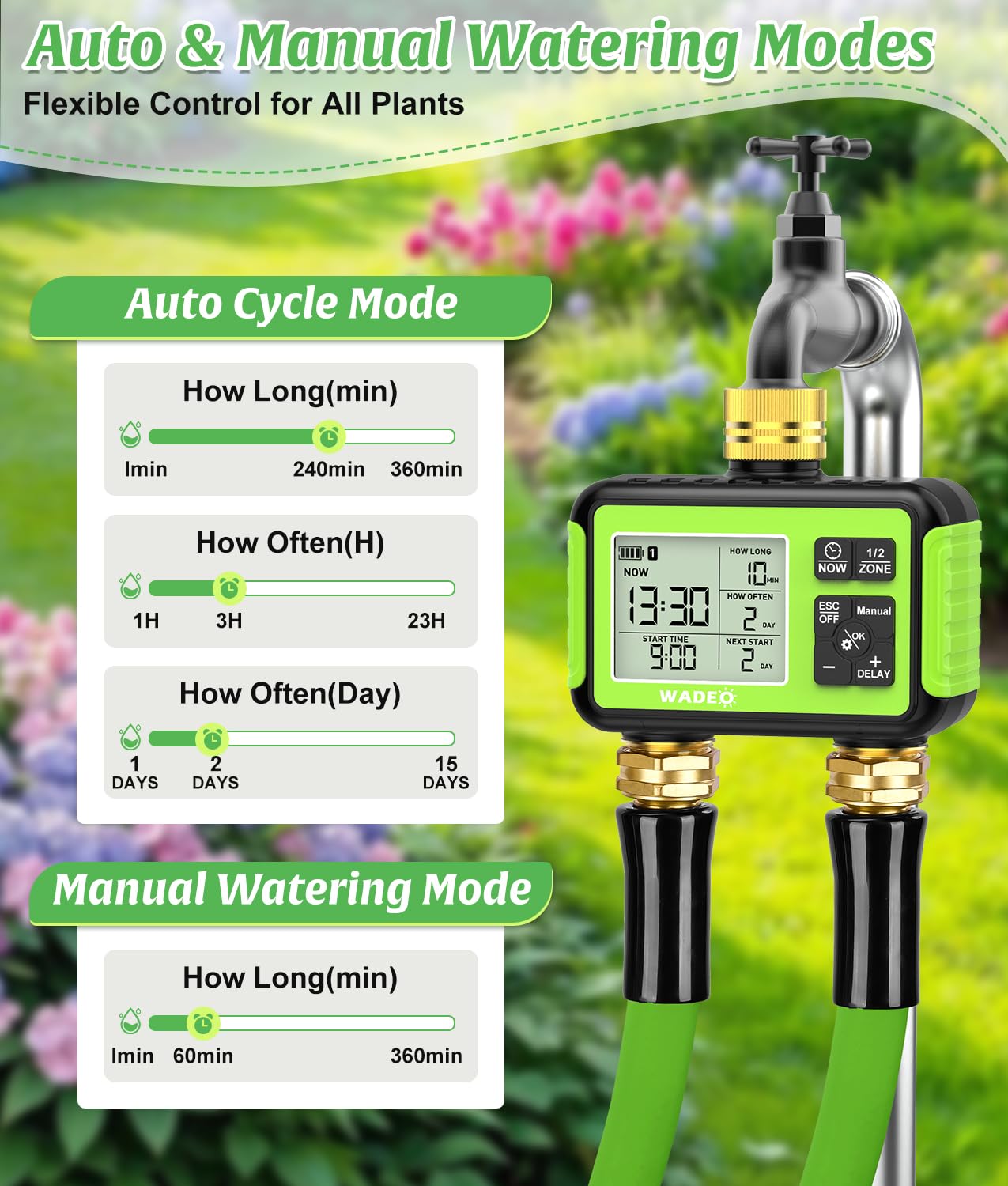 WADEO Timer per Irrigazione, [Raccordi in Ottone] [2 Uscite], Programmabile Automatico/Manuale/Ritardo Pioggia/Blocco Bambini per Giardino, Prato, Patio, Fattoria