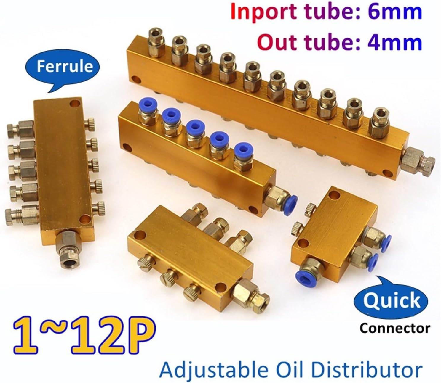 Adjustable Oil Distributor Valve Brass Adjustable Lube Oil Distributor Value Manifold Block 7/8/9/10/11/12 Way Plug In Connector Hose 6mm 4mm(Ferrule 8 way)
