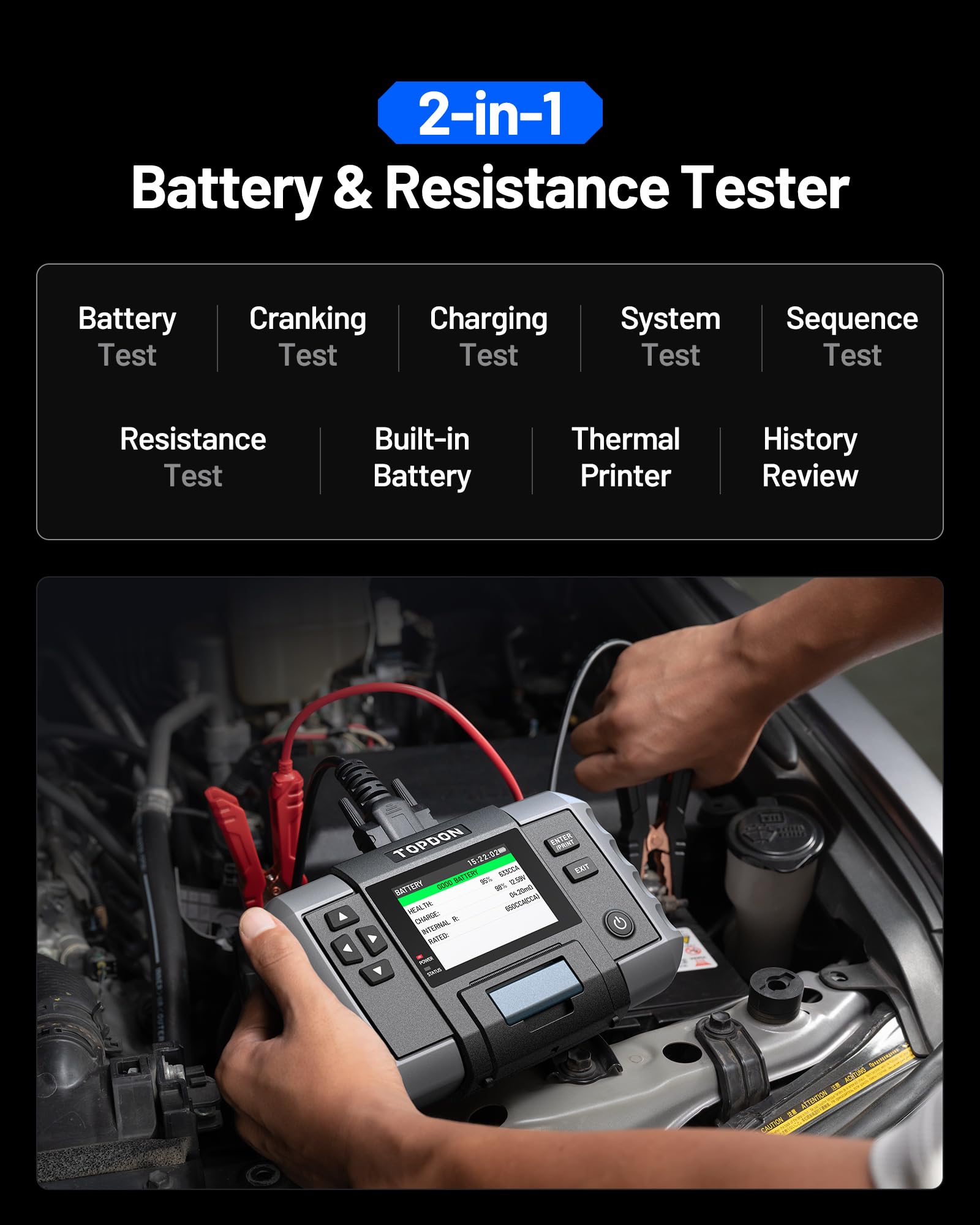 TOPDON Testeur Batterie Voiture BT600 Plus, Tests de Batterie 6V/12V/24V, 100-2000 CCA, Test de Démarrage/Charge/Système 12V/24V, Testeur de Batterie Auto avec Imprimante Intégrées, 2 Pinces Appariées