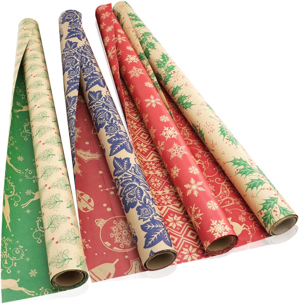 Christmas Wrapping Paper Rolls | Kraft Gift Wrapping Paper with Reversible Designs for Christmas and Holiday Season | 4 Large Rolls (30" x 10 ft Each) Made from high Quality Thick Kraft Paper