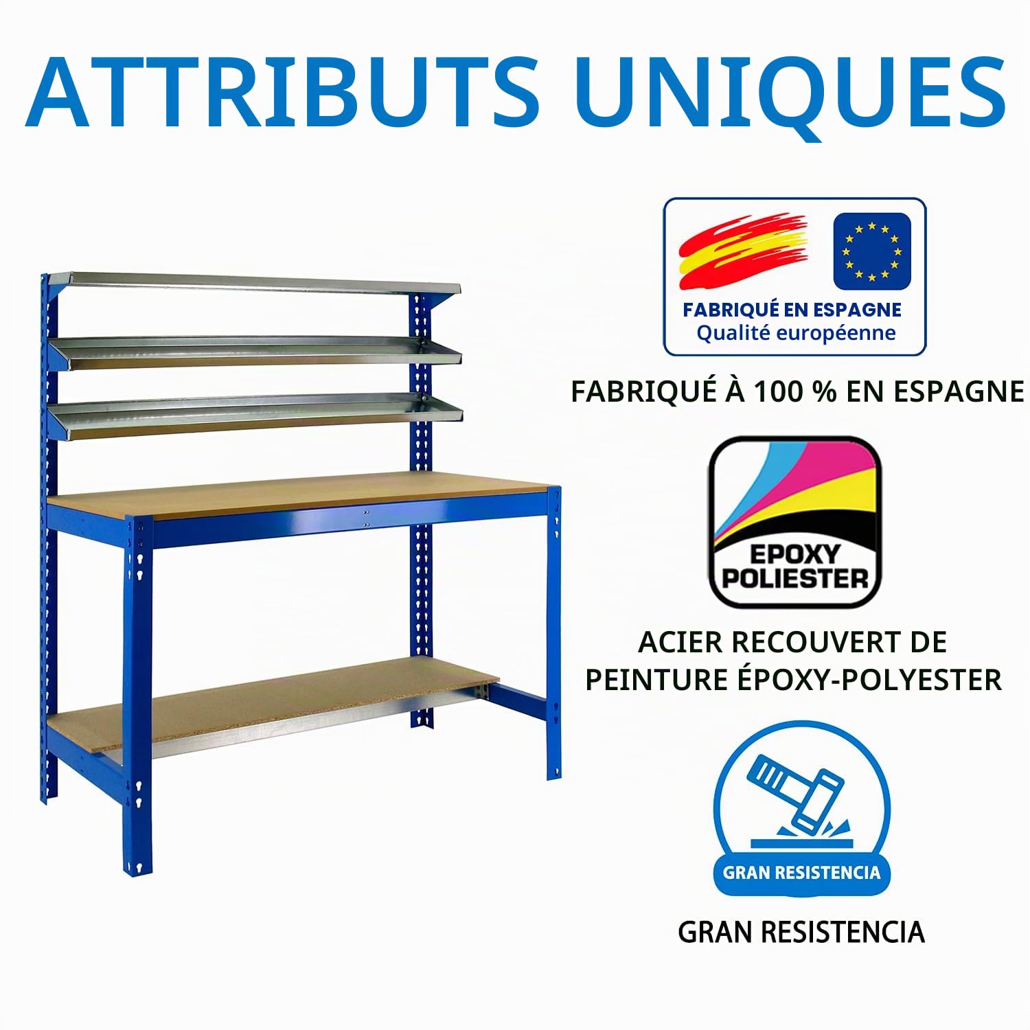 SimonRack Etabli d’Atelier, Capacité de Charge 600 kg, 1445x1210x610 mm, 3 Étagères, Table de Travail Bricolage, Bleu/Bois - BT1