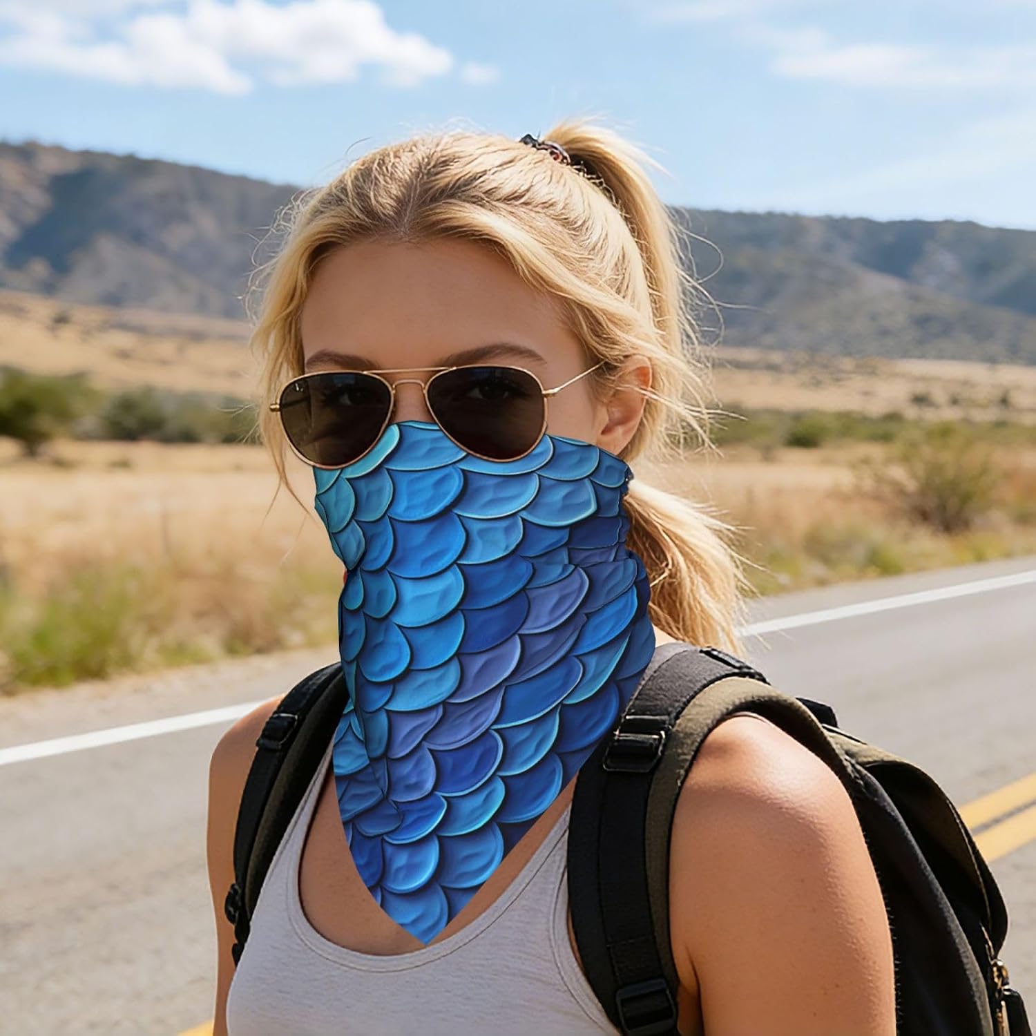 Cotton Bandanas 22x22 inches Ocean Sea Blue Mermaid Fish Scale Square Scarfs for Men Women Novelty Headband Handkerchiefs