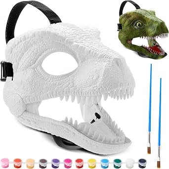 Seenelling DIY White Hard Plastic Dino Mask Moving Jaw Kit with Paint, Dinosaur Mask, T-rex, Jurassic for Kids