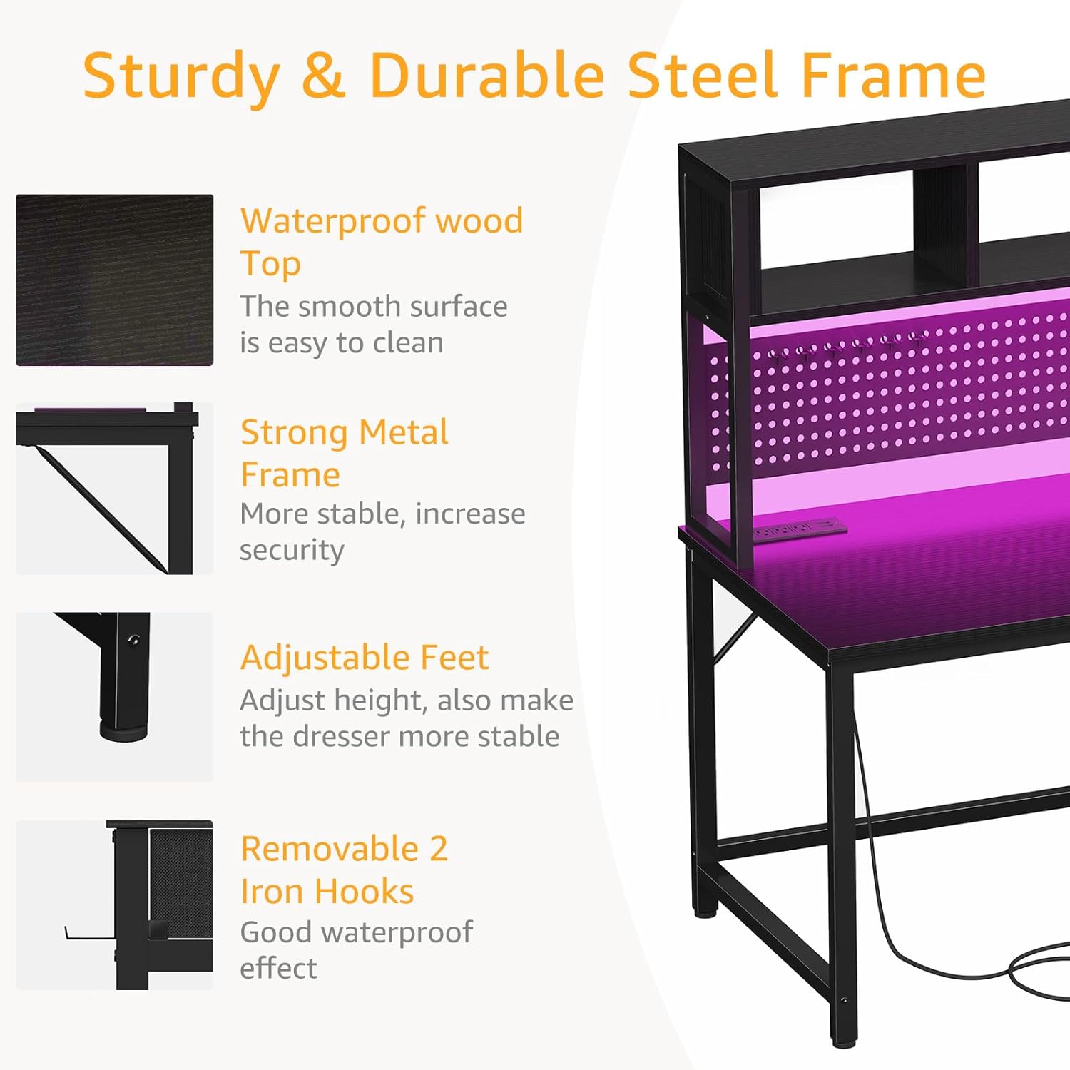 Close-up of the sturdy and durable steel frame construction of the desk