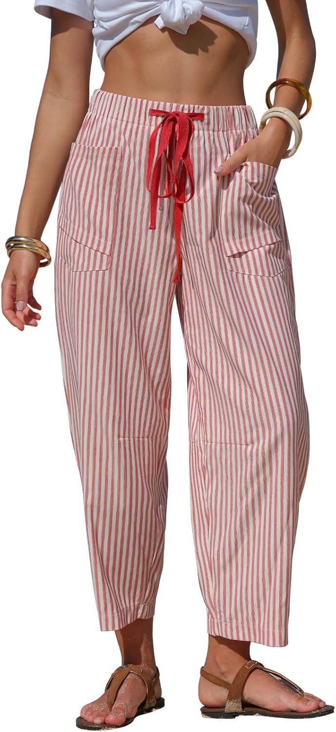 Byinns Womens Faux Linen Striped Barrel Pants Comfy Drawstring Capri Pant Summer Beach Vacation Lounge Trousers with Pockets