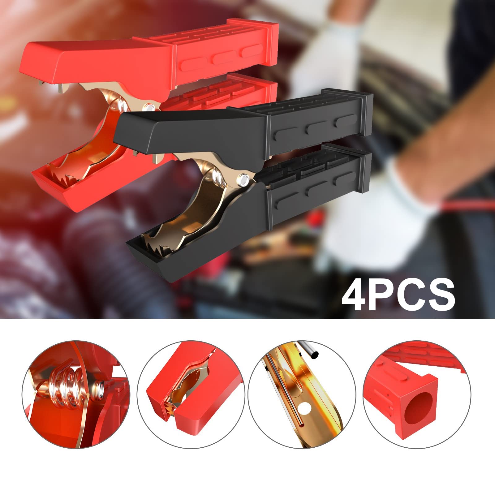 Cabilock Krokodilklemmen Set 4-teilig | Für Autobatterien & Starthilfekabel | Kupferüberzug