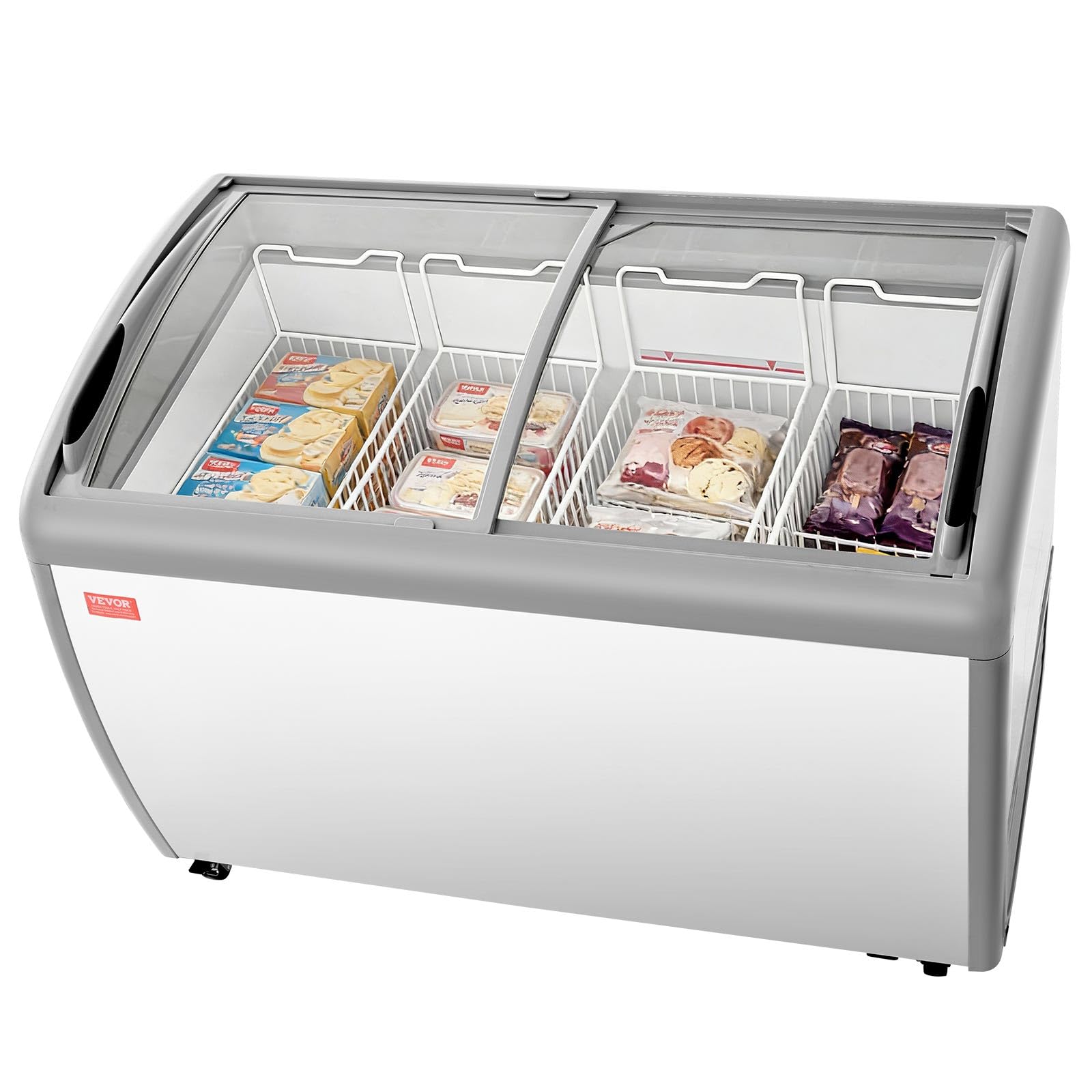 Photo 1 of ** big dent. scrapes/dirt**VEVOR Commercial Ice Cream Display Case, 12.8 Cu.ft Chest Freezer, -19 to 3? Temp Adjustable Mobile Top Deep Freezer with 4 Wire Baskets, 2 Sliding Glass Doors, Locking Casters & LED Strip Lighting