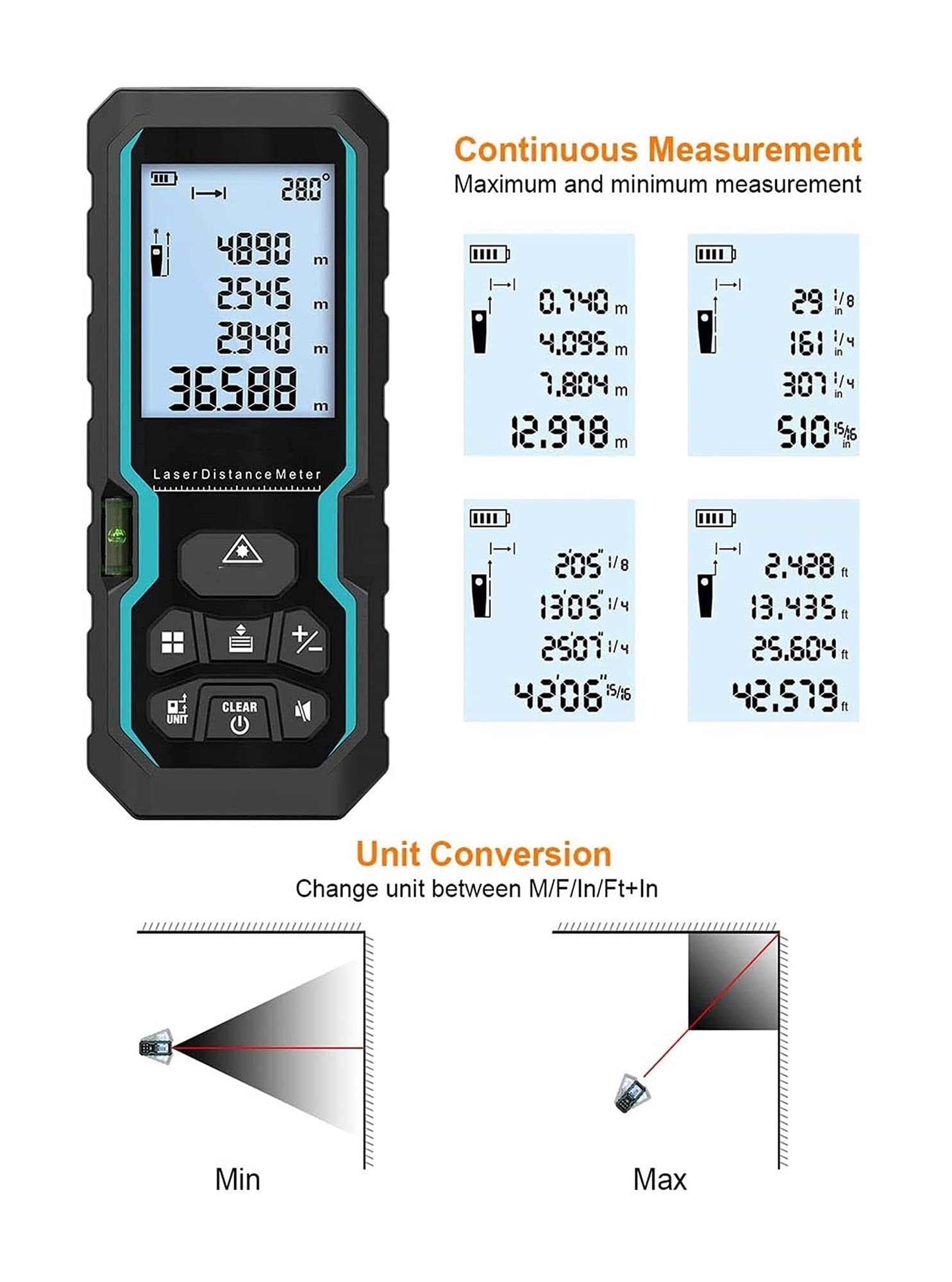Compteur de distance sensible à la lumière 100m Mesurer la lumière étanche avec capteur d'angle électronique Mesure portable avec niveau de bulle avec écran LCD 4 lignes pour la zone de mesure Volume
