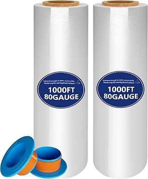 2Pack 18inx1000Ft 80Gauge Industrial Stretch Wrap Film for Pallet Heavyduty | stretch wrap Film-800% stretch secures pallets,furniture & fragile items firmly,perfect for moving,storage,warehouse,shipping