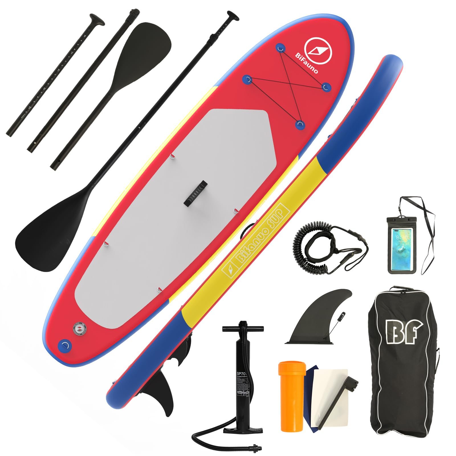 Inflatable Stand Up Paddle Board with SUP Accessories & Backpack. Paddle Boards for Adults. Non-Slip Deck, Wide Stance, Bottom Fin, Double Action Pump.