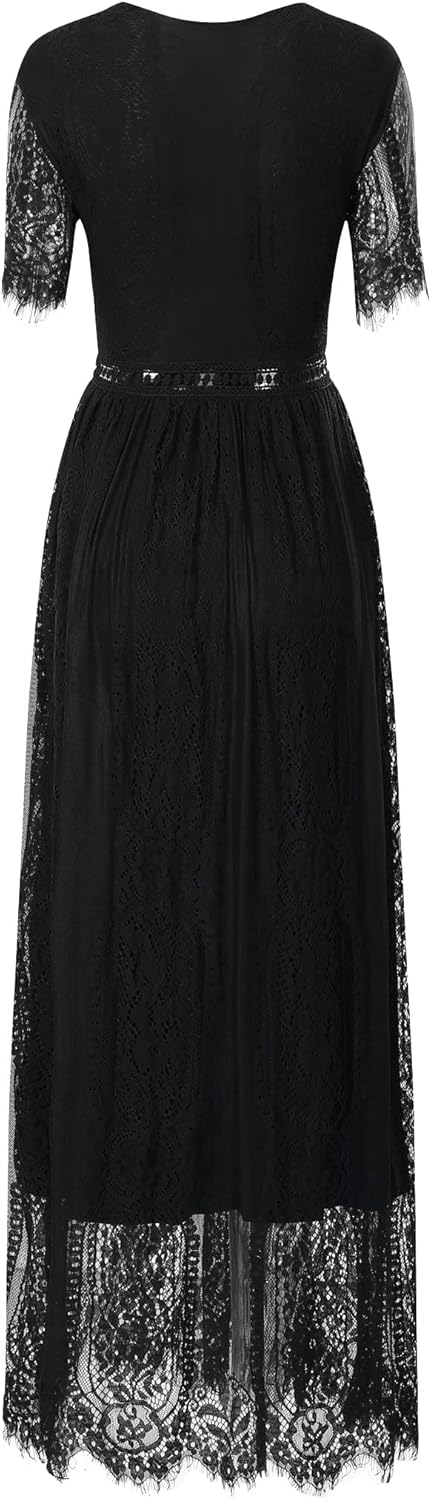 Women's Elegant Causal V-Neck Short Sleeve Wedding Bridesmaid Party Lace Maxi Dress