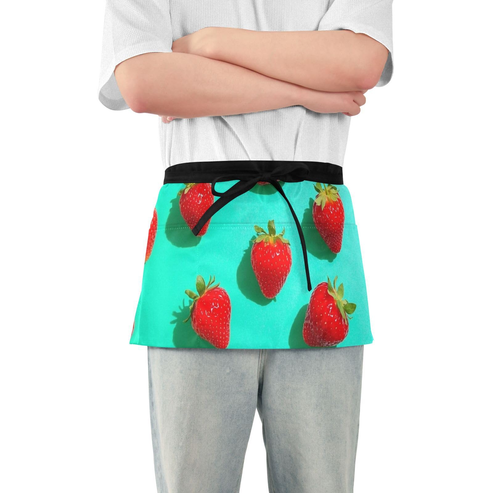 FASHON&FASCIN Server Apron with Pockets Waist Aprons Half Waitress Apron Strawberry Print for Gardening Restaurant,Multi9