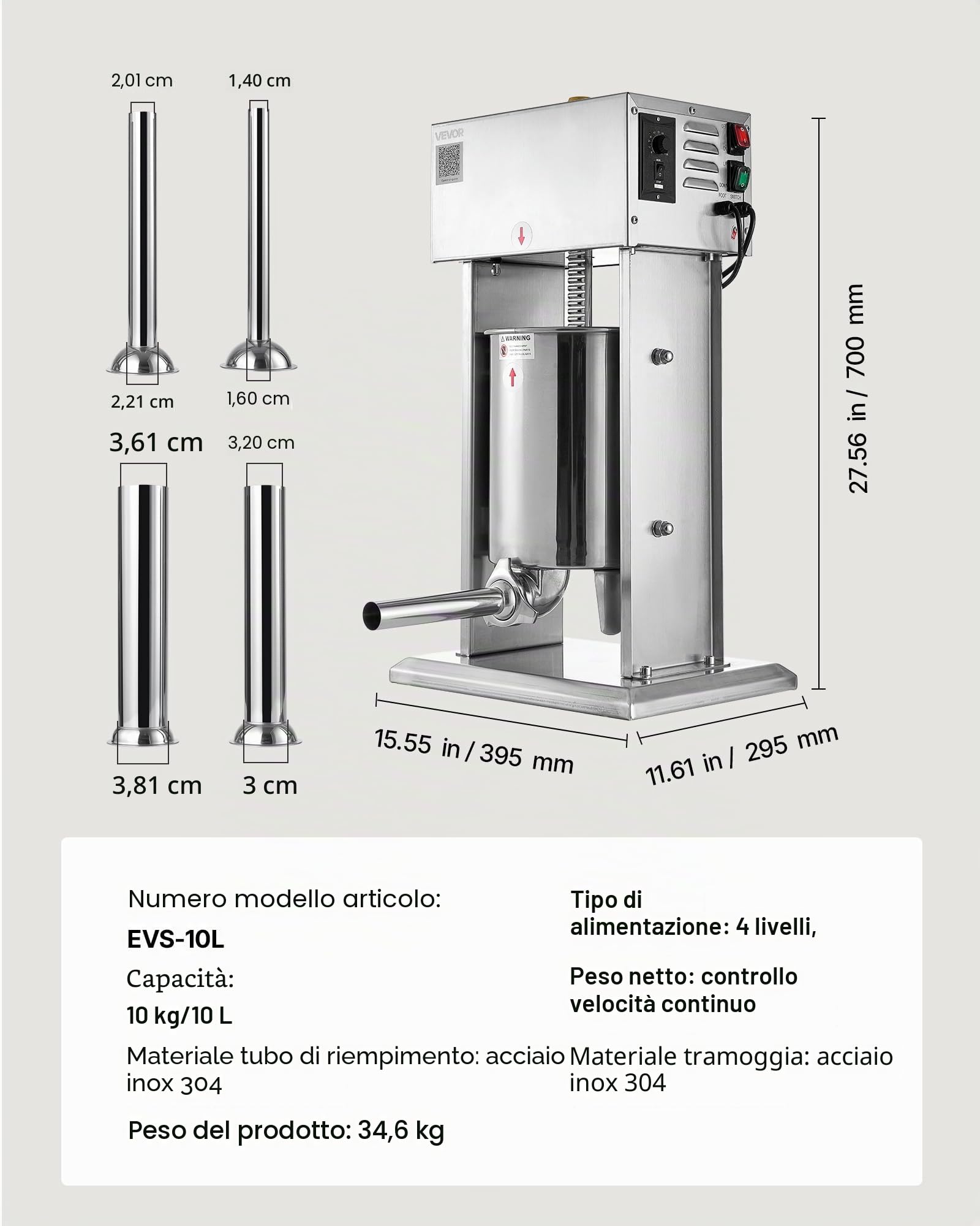 VEVOR Insaccatrice Elettrica per Salsicce, Insaccatrice Verticale per Carne da 10 L, Controllo della Velocità Continuo e Pedale, in Acciaio Inox con 4 Tubi di Insacco, per Uso Commerciale e Domestico