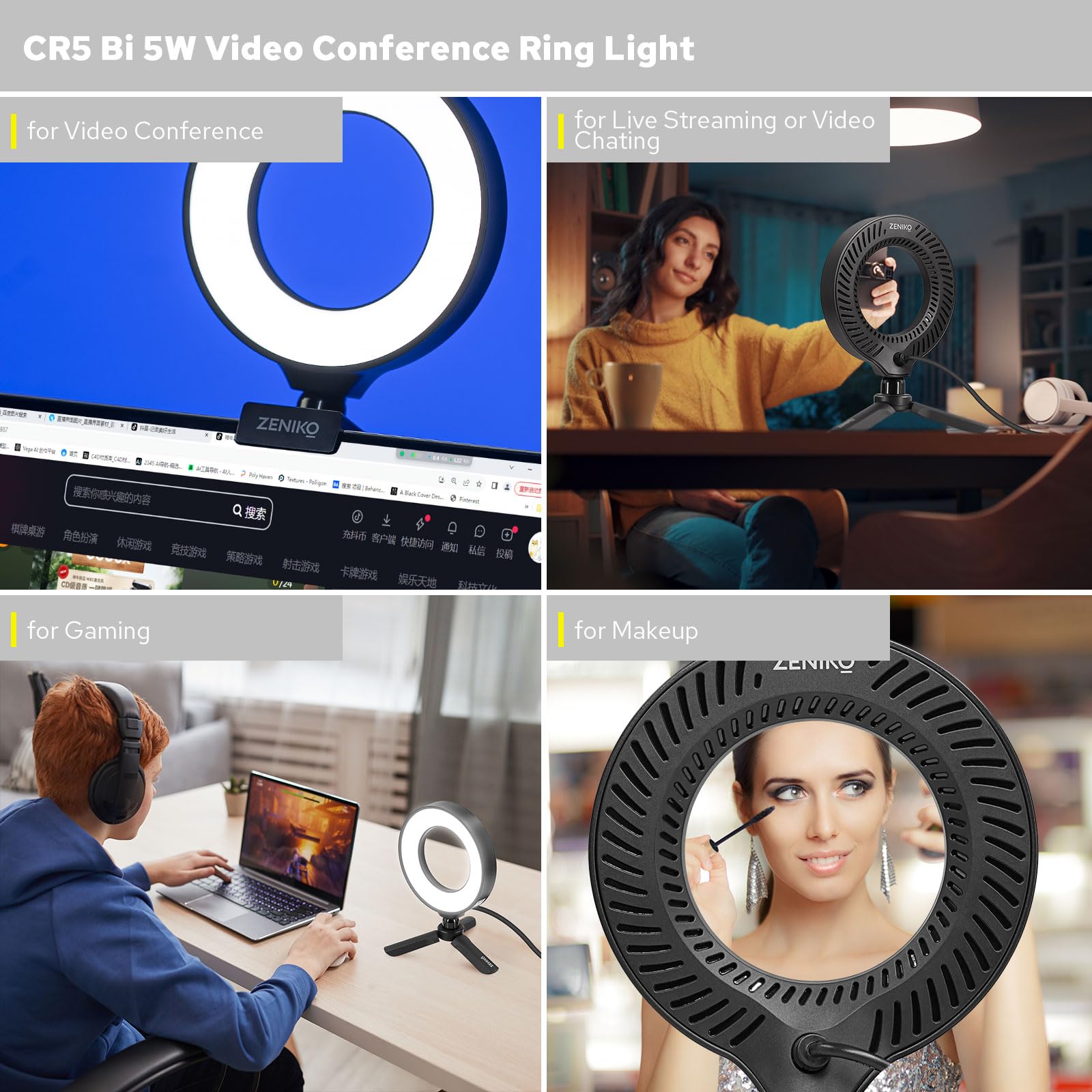 ZENIKO CR5 Bi - Illuminazione per videoconferenza, 5 pollici Bi-Color CRI95+ anello di luce per lavoro remoto, apprendimento a distanza, chiamata zoom, live streaming, trucco, ecc.
