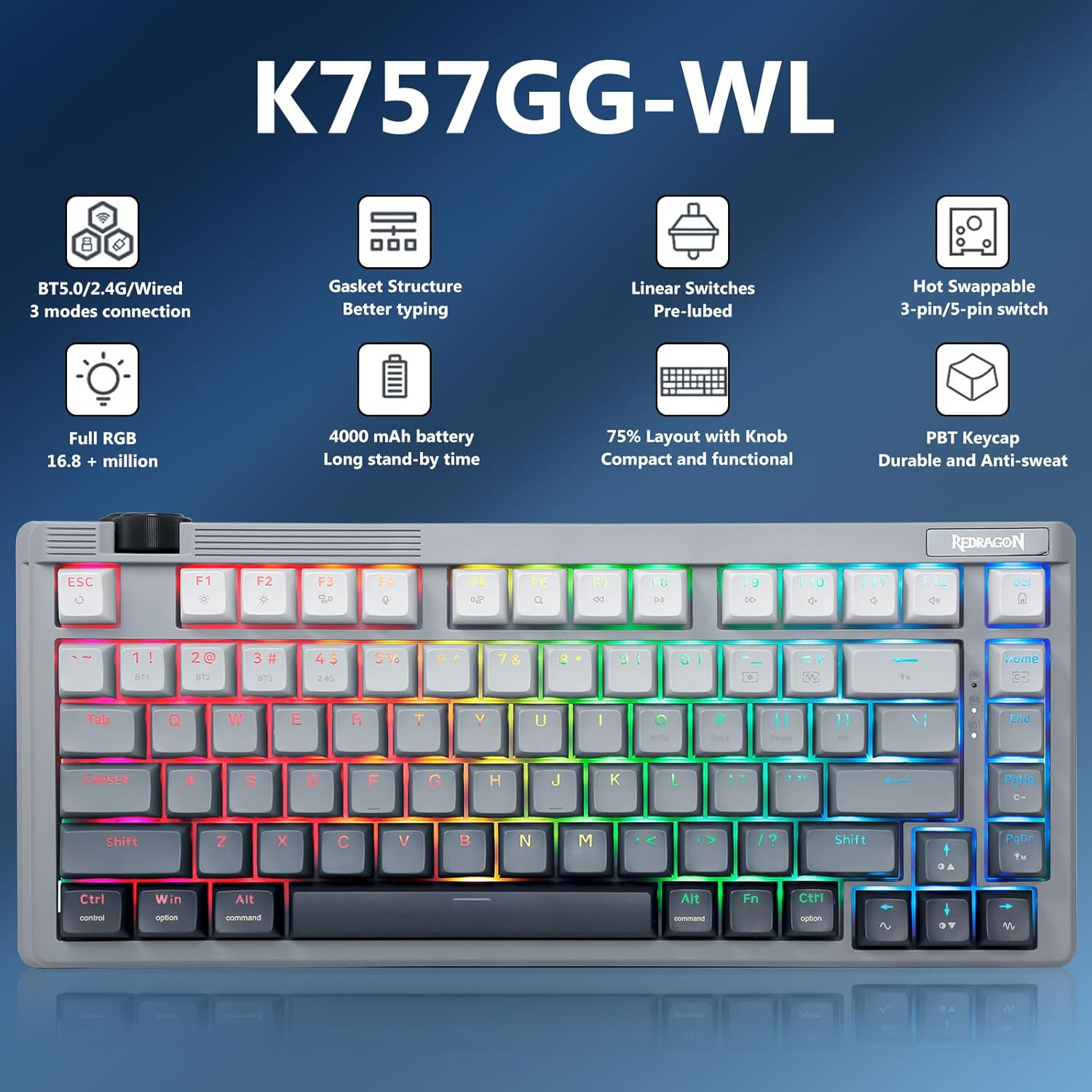 Redragon Wireless Mechanical Keyboard Creamy, Bluetooth/2.4GHz/USB-C Wired, 75% Hot Swappable Custom Gaming Keyboard with Knob, RGB Backlit, Pre-lubed Linear Switches, PBT Keycaps, Gray