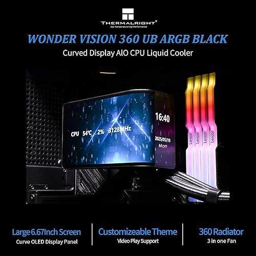 Miniatura 2 de Thermalright Wonder Vision 360 UB ARGB Enfriador AIO de CPU negro, radiador de 14.173 in, pantalla curva 2K 60HZ con resolución de 2400 x 1080, para