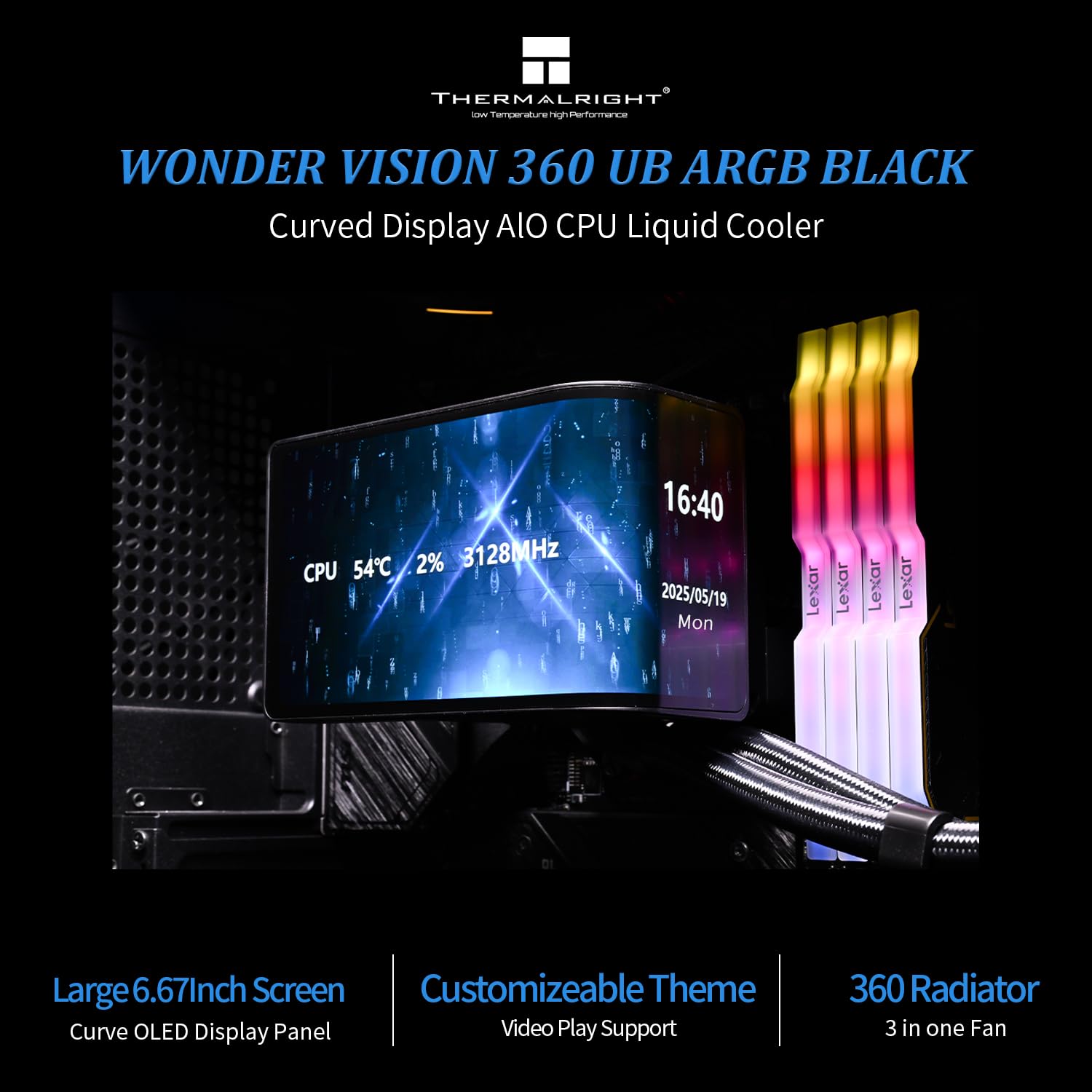 Photo 1 of Thermalright Wonder Vision 360 UB ARGB Black AIO CPU Liquid Cooler,for AM5/Intel LGA1851/1700,6.67-inch 3D Curved Screen with 2400x1080 Resolutions,Magnetic Panel Screen,3D/2D Video Support
